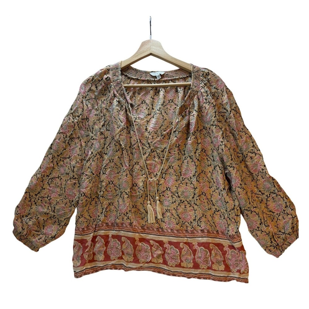 Lucky Boho Floral Peasant Blouse Women Large Pink Paisley Smocked Earthy Hippie